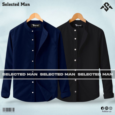 2 Pics Long Sleeve Band Collar Shirt