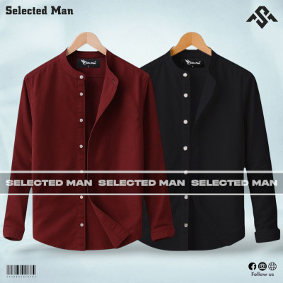 2 Pics Long Sleeve Band Collar Shirt