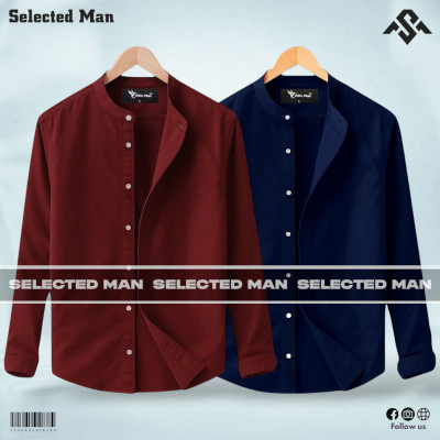 2 Pics Long Sleeve Band Collar Shirt
