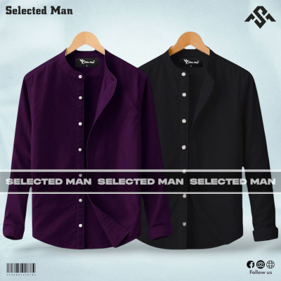 2 Pics Long Sleeve Band Collar Shirt