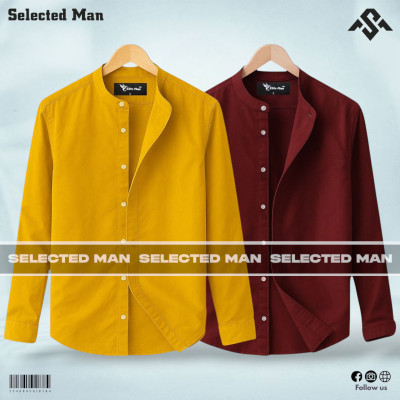 2 Pics Long Sleeve Band Collar Shirt