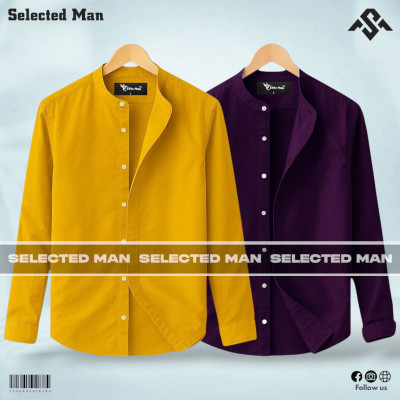 2 Pics Long Sleeve Band Collar Shirt