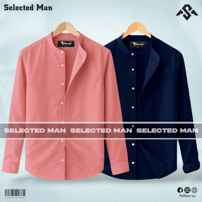 2 Pics Long Sleeve Band Collar Shirt