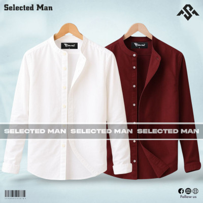 2 Pics Long Sleeve Band Collar Shirt