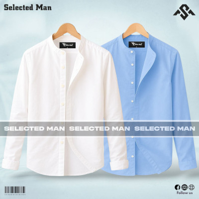 2 Pics Long Sleeve Band Collar Shirt