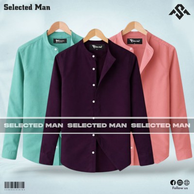 3 Pics Long Sleeve Band Collar Shirt