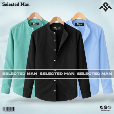 3 Pics Long Sleeve Band Collar Shirt