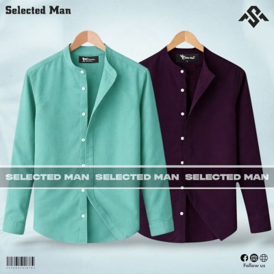 2 Pics Long Sleeve Band Collar Shirt