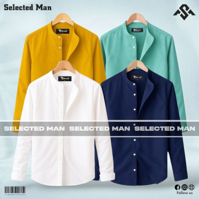 4 Pics Long Sleeve Band Collar Shirt