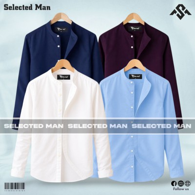 4 Pics Long Sleeve Band Collar Shirt
