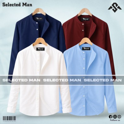 4 Pics Long Sleeve Band Collar Shirt