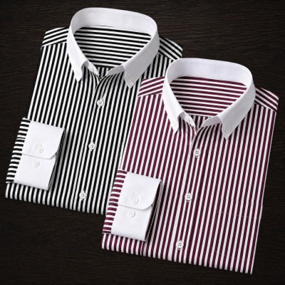 2 Pics White Contrast Stripe Formal Shirt - Maroon_Black